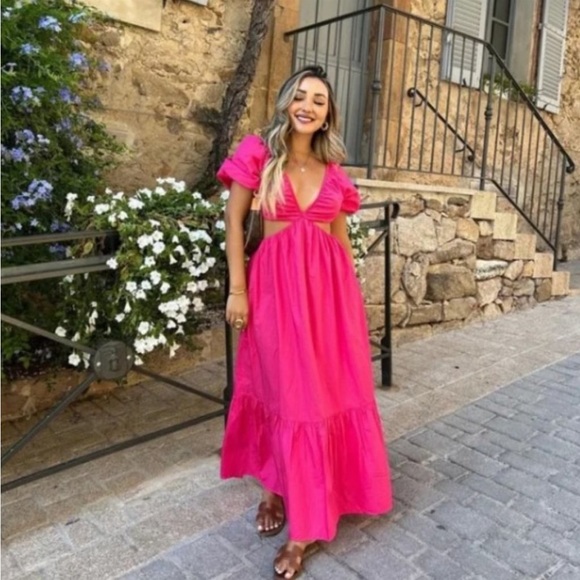 Zara cut out Barbie pink dress with braided straps poplin maxidress 2023 - Picture 2 of 13